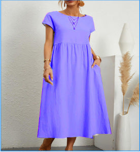 Summer Short-sleeved Dress With Pockets Fashion Solid Round Neck A-line Dresses For Women Clothing - Swefashionstore