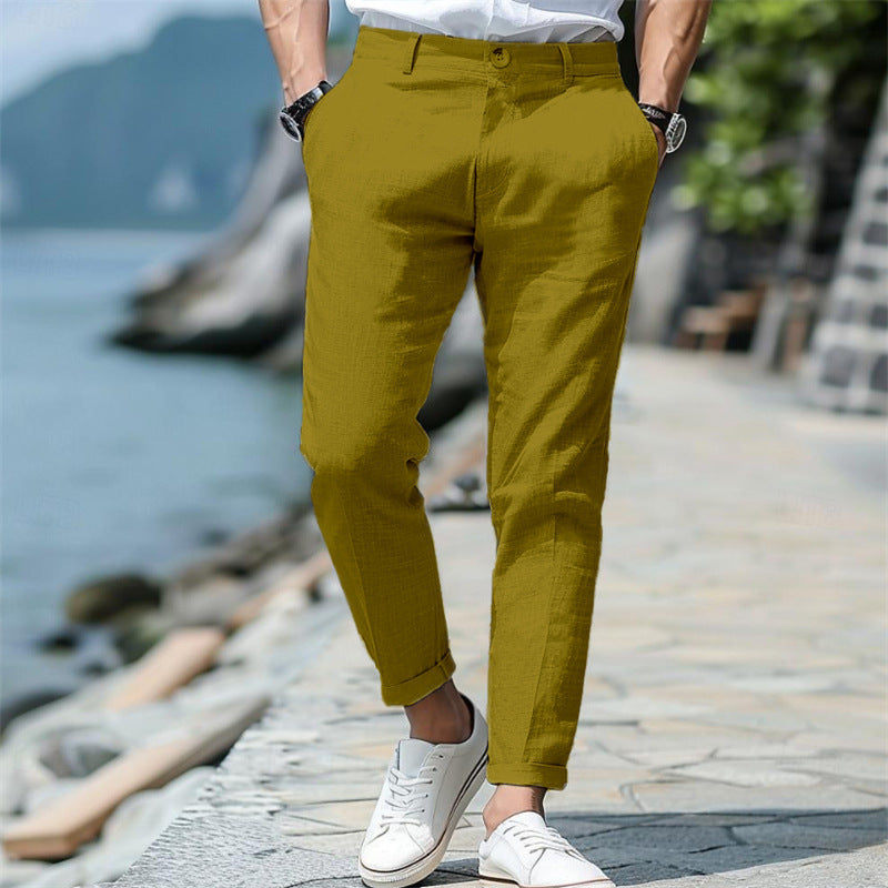 LINEN SUMMER Button Front Slant Pocket Straight-leg Trousers