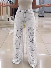 Y2K Lace Flowers Hollow Jeans Fashion High Waist Straight Wide Leg Pants Solid Color Trousers Women&