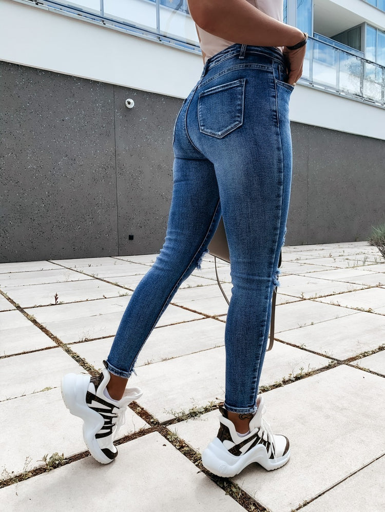 Denim Holed Washed Jeans Low-Waist Holed Hemmed Leggings - Swefashionstore