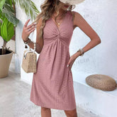 NEW FASHION V-neck Knot Sleeve-less Design Pleated Dress - Swefashionstore