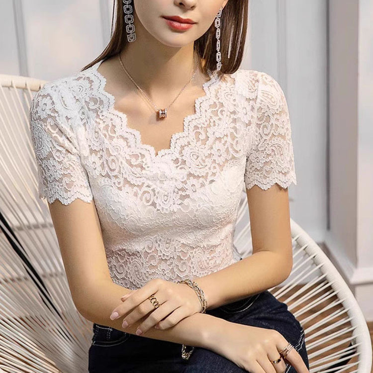 V-neck Hollow Sexy Lace Bottoming Shirt Innerwear Short Sleeve - Swefashionstore