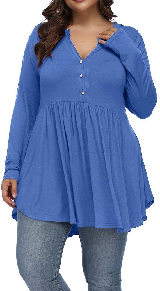 FASION V-neck Buttons Pleated Long Sleeve Plus Size T-shirt - Swefashionstore