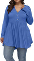 FASION V-neck Buttons Pleated Long Sleeve Plus Size T-shirt - Swefashionstore