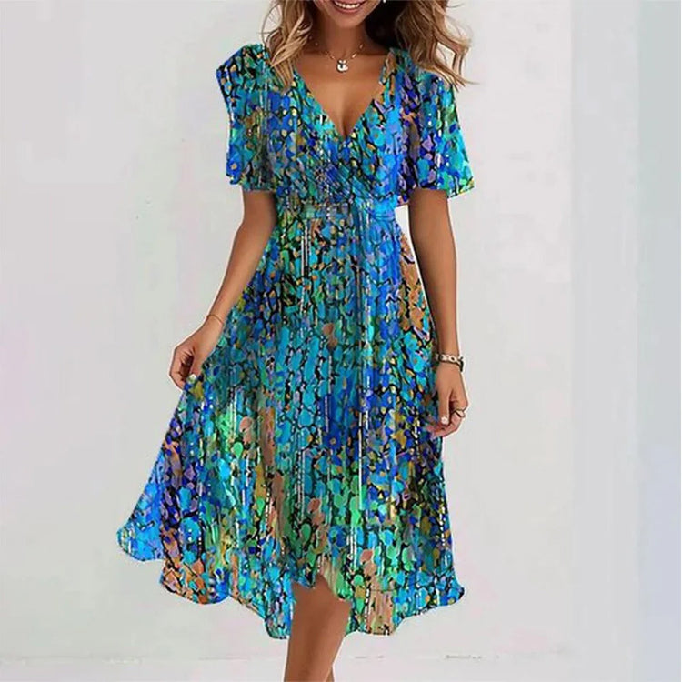 Flowers Printed V-neck Dress Summer A-line Short-sleeved Dresses For Women - Swefashionstore