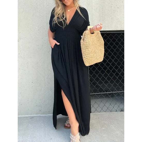 Fashion Bat-sleeved V-neck Slit Dress Summer Short Sleeve Elastic Waist Long Dresses Womens Clothing - Swefashionstore