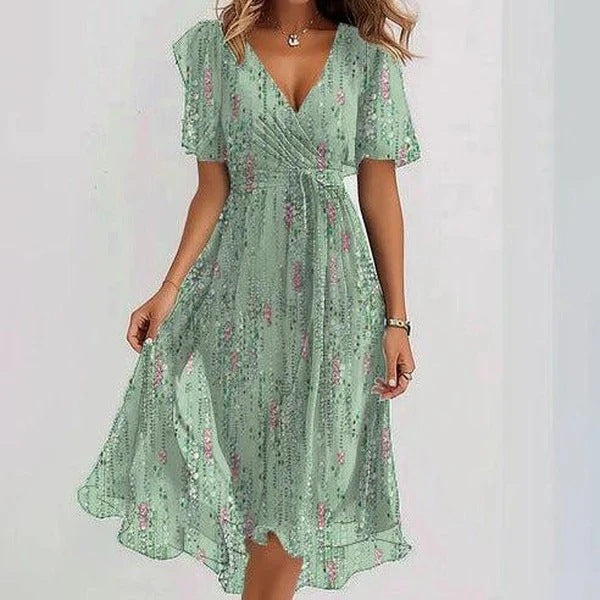 Flowers Printed V-neck Dress Summer A-line Short-sleeved Dresses For Women - Swefashionstore