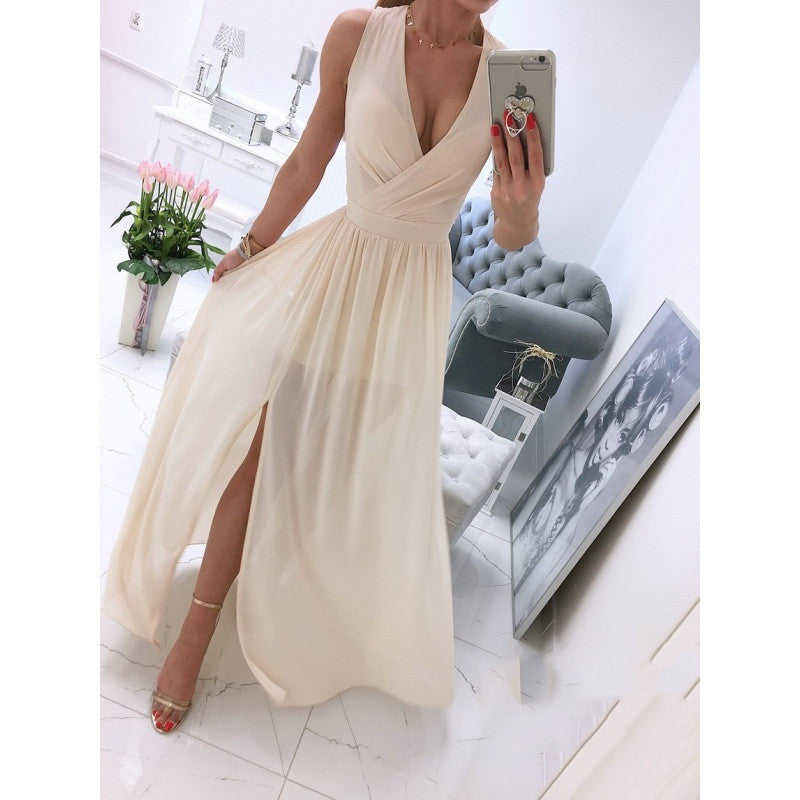 Summer Sleeveless And Ankle Skirt Solid V-neck Front Split Long Dress - Swefashionstore