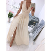 Summer Sleeveless And Ankle Skirt Solid V-neck Front Split Long Dress - Swefashionstore
