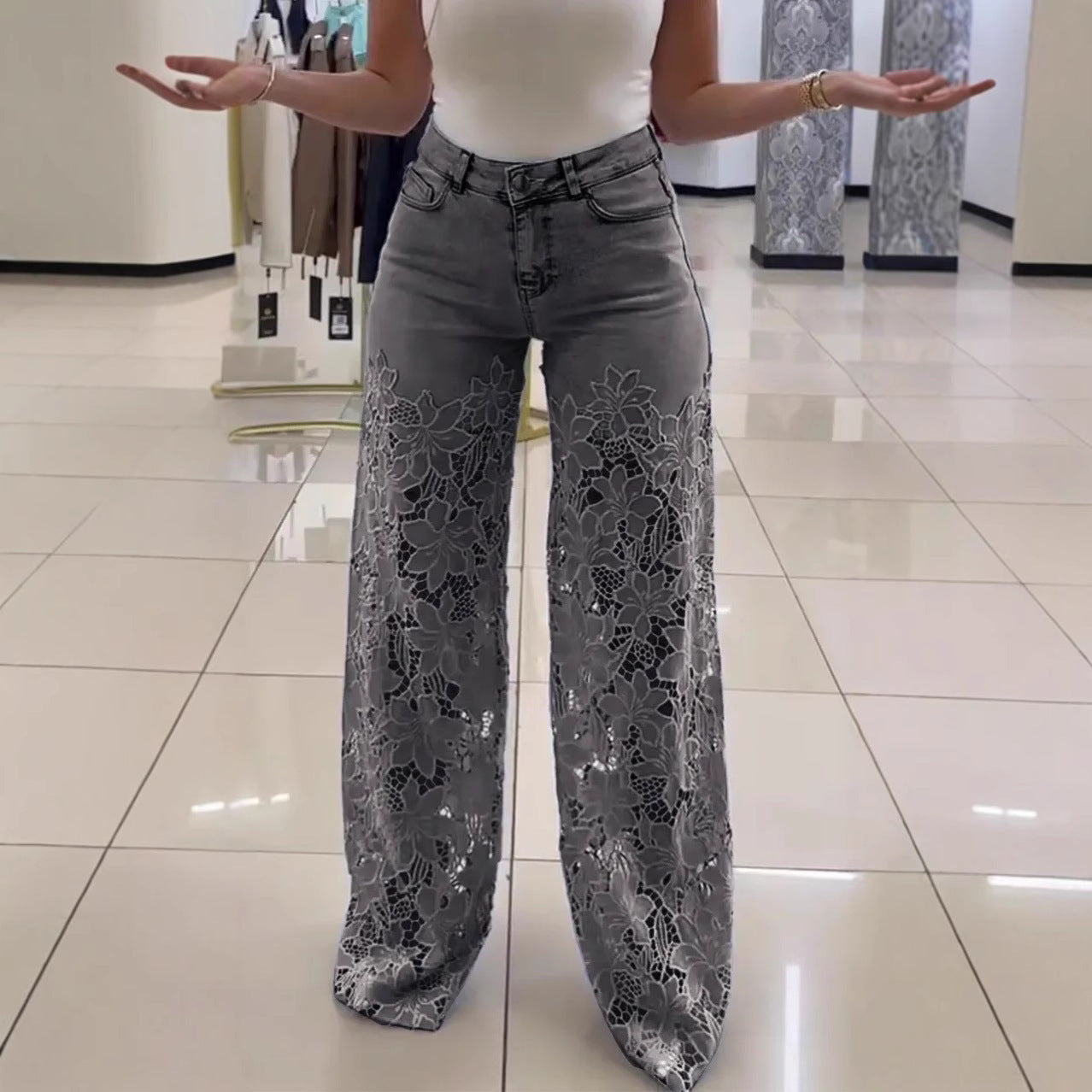 Y2K Lace Flowers Hollow Jeans Fashion High Waist Straight Wide Leg Pants Solid Color Trousers Women&