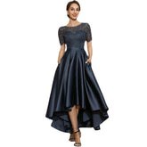 NAVY Blue Satin BALL Lace Short Sleeve Dress - Swefashionstore