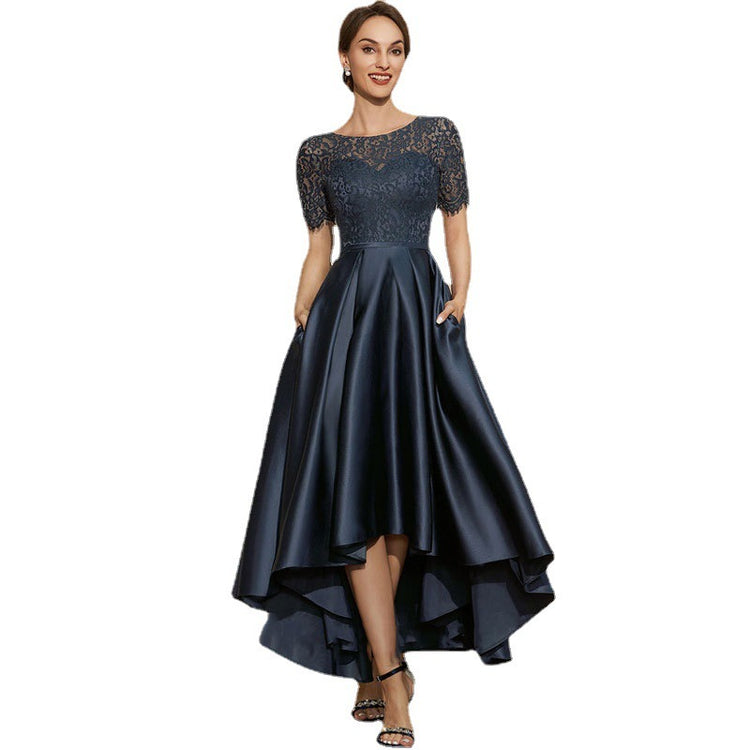 NAVY Blue Satin BALL Lace Short Sleeve Dress - Swefashionstore