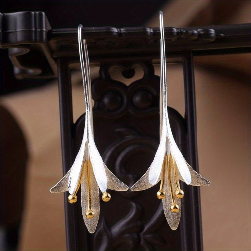 Female Fashion Vintage Blooming Flowers Two Tone Dangle Hanging Engagement Jewelry Earrings - Swefashionstore