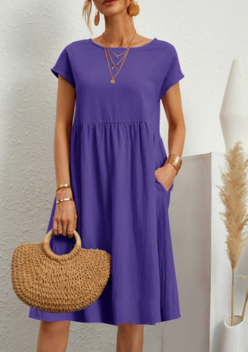 Summer Short-sleeved Dress With Pockets Fashion Solid Round Neck A-line Dresses For Women Clothing - Swefashionstore