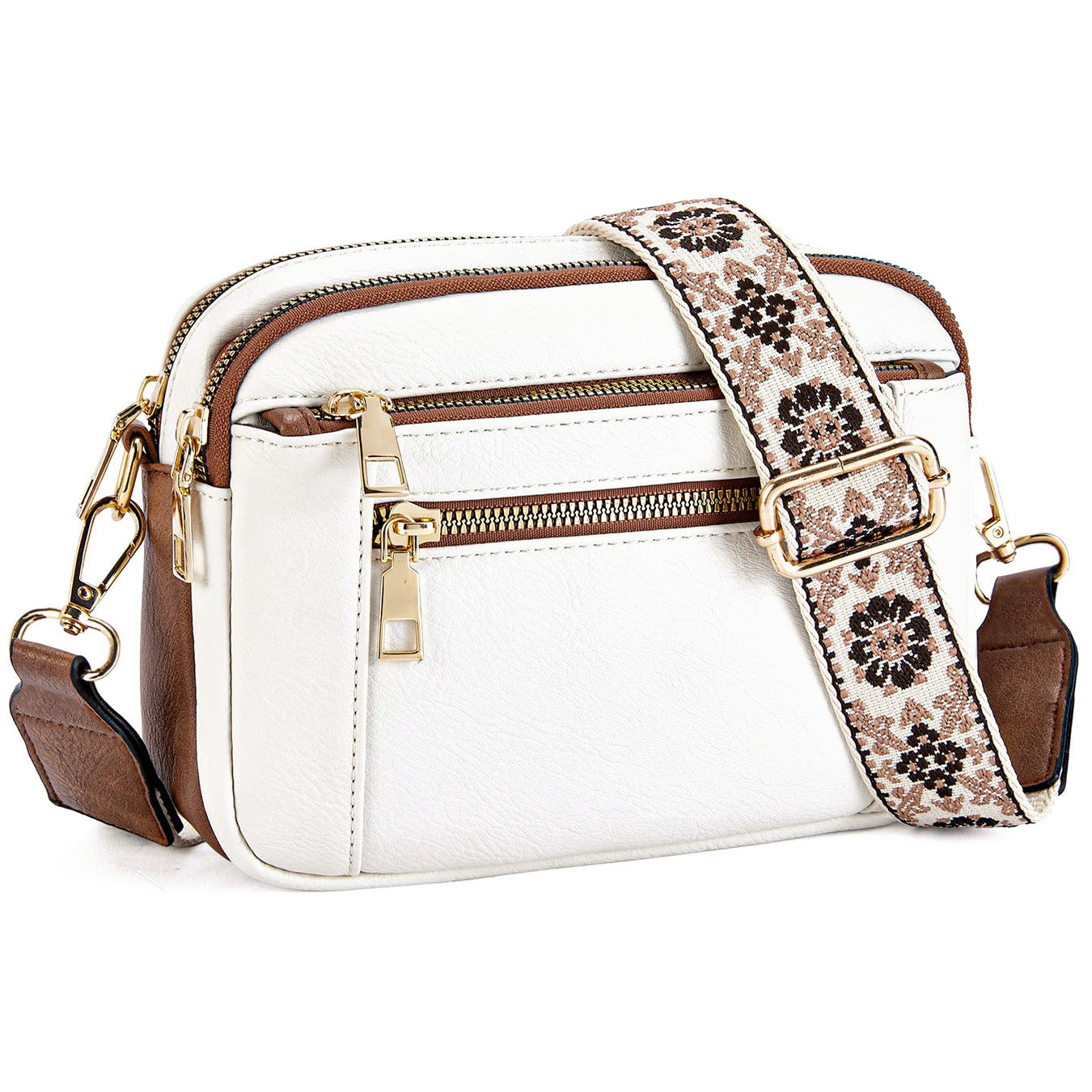 Triple-zipper Shoulder Bag With Floral Embroidered Straps - Swefashionstore