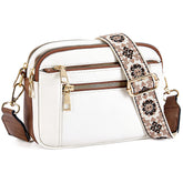 Triple-zipper Shoulder Bag With Floral Embroidered Straps - Swefashionstore