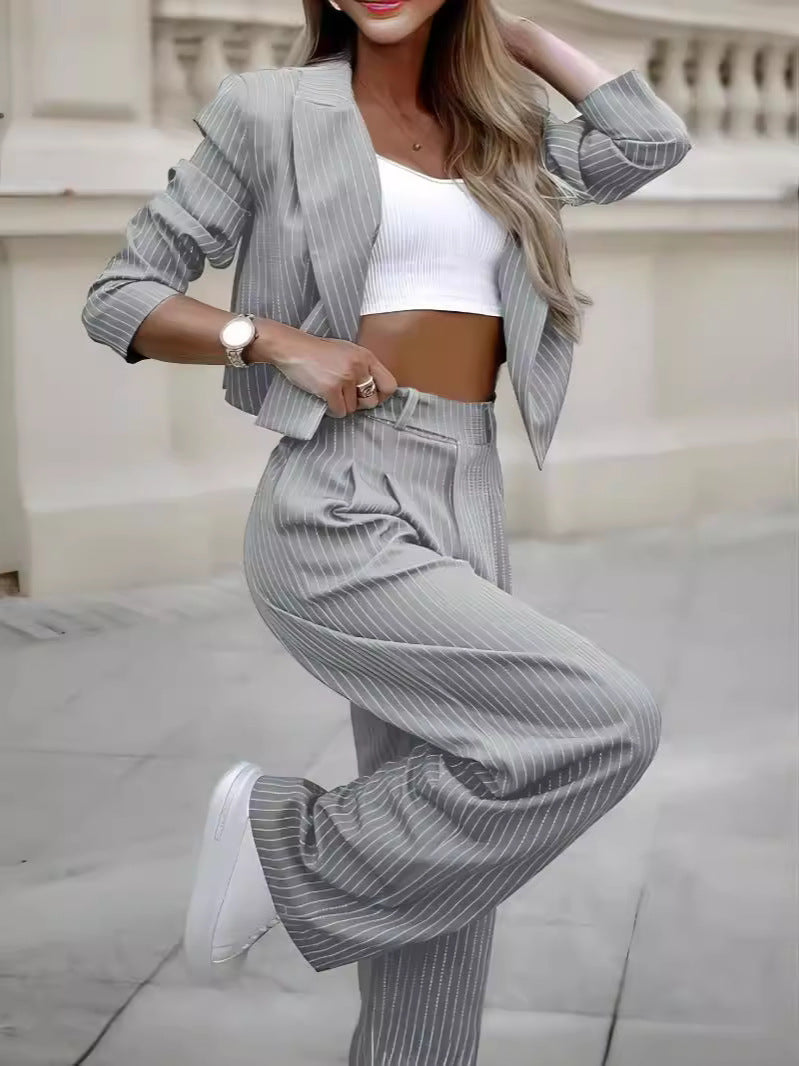 Fashion Striped Suits for Women - Casual Lapel Long Sleeve Cropped Top and Straight Pants Outfits - Swefashionstore