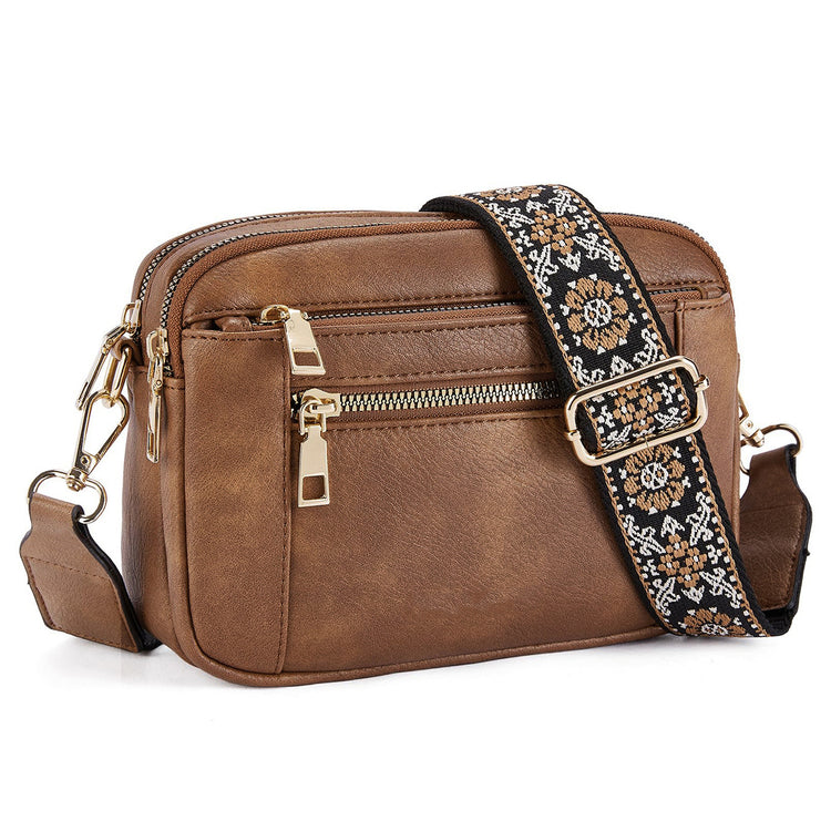 Triple-zipper Shoulder Bag With Floral Embroidered Straps - Swefashionstore