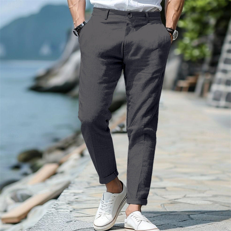 LINEN SUMMER Button Front Slant Pocket Straight-leg Trousers