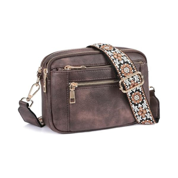 Triple-zipper Shoulder Bag With Floral Embroidered Straps - Swefashionstore
