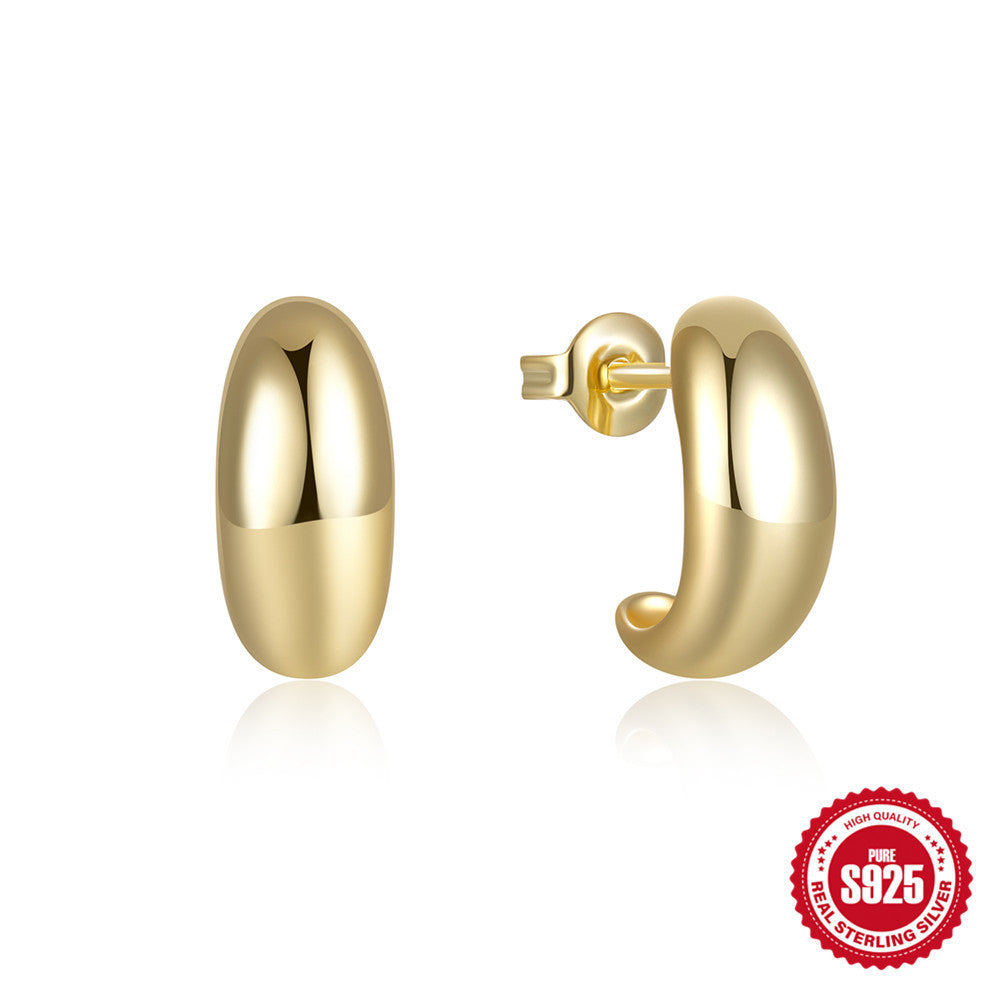 925 Sterling Silver C- Shaped Glossy Metal Earring Ringstud Earring - Swefashionstore