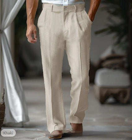 Double pleated khaki straight trousers for casual fashion.