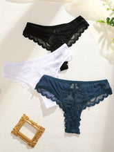 3 Pcs Breathable Sexy Lacy Trim Briefs, Semi-Sheer Thong Women&
