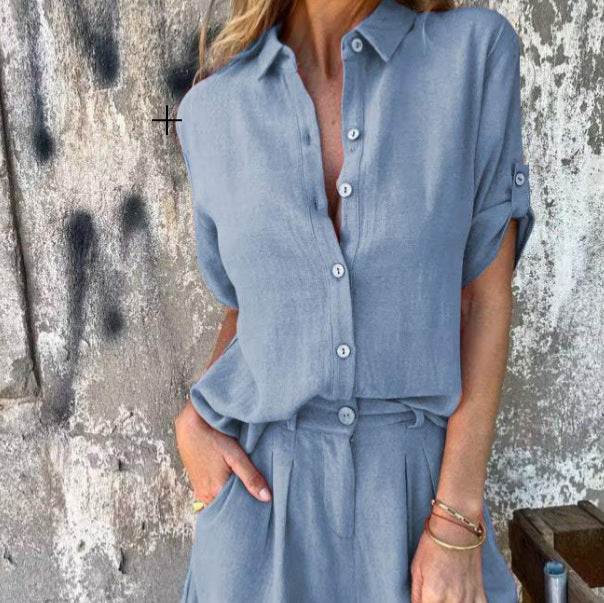 Short-sleeved Suits Fashion Lapel Button Shirt Top And Pocket Shorts Women&