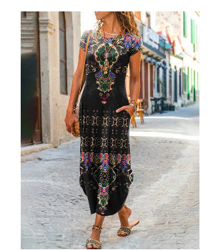 Round Neck Pocket Short Sleeve Trendy Printed Dress - Swefashionstore