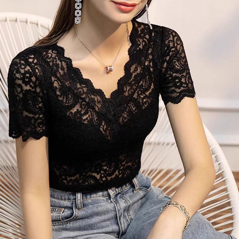 V-neck Hollow Sexy Lace Bottoming Shirt Innerwear Short Sleeve - Swefashionstore
