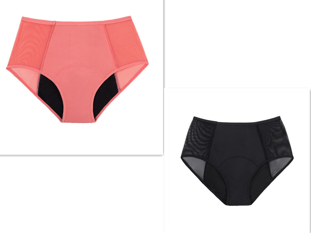 Pink and black 4-layer absorption menstrual briefs with nylon fabric.