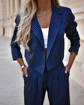 Fashion Striped Suits for Women - Casual Lapel Long Sleeve Cropped Top and Straight Pants Outfits - Swefashionstore