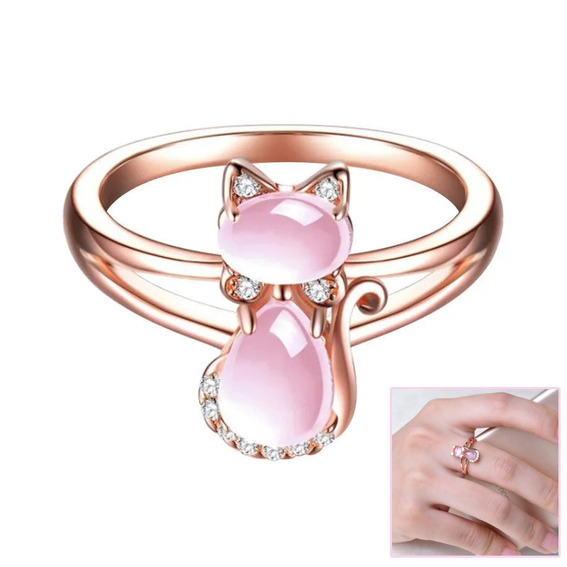 Rose Gold Plated Crystal Cute Animal Cat Ring Hibiscus Stone Crystal Diamond Ring Women Party Jewelry For Pet Lovers - Swefashionstore