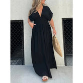 Fashion Bat-sleeved V-neck Slit Dress Summer Short Sleeve Elastic Waist Long Dresses Womens Clothing - Swefashionstore