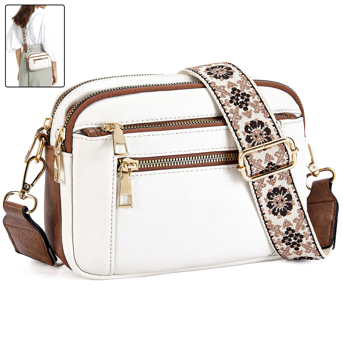 Triple-zipper Shoulder Bag With Floral Embroidered Straps - Swefashionstore