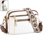 Triple-zipper Shoulder Bag With Floral Embroidered Straps - Swefashionstore