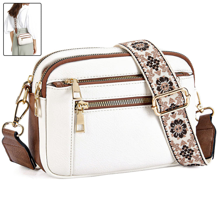 Triple-zipper Shoulder Bag With Floral Embroidered Straps - Swefashionstore