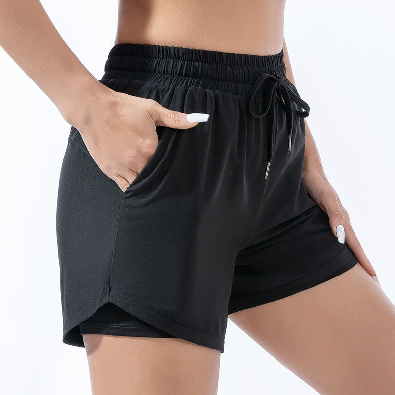 Black summer fashion loose sports shorts for women, quick-drying polyester fabric.