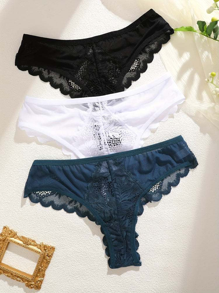 3 Pcs Breathable Sexy Lacy Trim Briefs, Semi-Sheer Thong Women&
