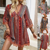 Bohemian Style V-neck Printed Casual Loose Dress - Swefashionstore