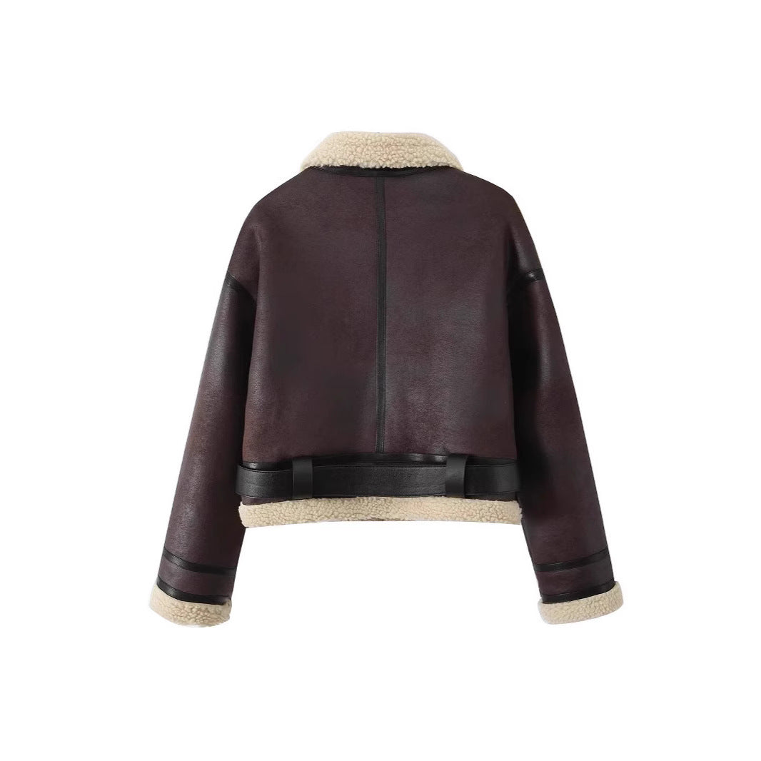 Wear Fur Integrated Lapel Thickening Warm Double-sided Casual Short Jacket Coat - Swefashionstore