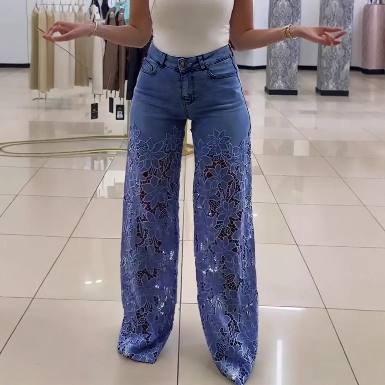 Y2K Lace Flowers Hollow Jeans Fashion High Waist Straight Wide Leg Pants Solid Color Trousers Women&