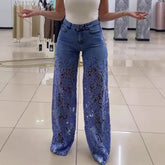 Y2K Lace Flowers Hollow Jeans Fashion High Waist Straight Wide Leg Pants Solid Color Trousers Women&