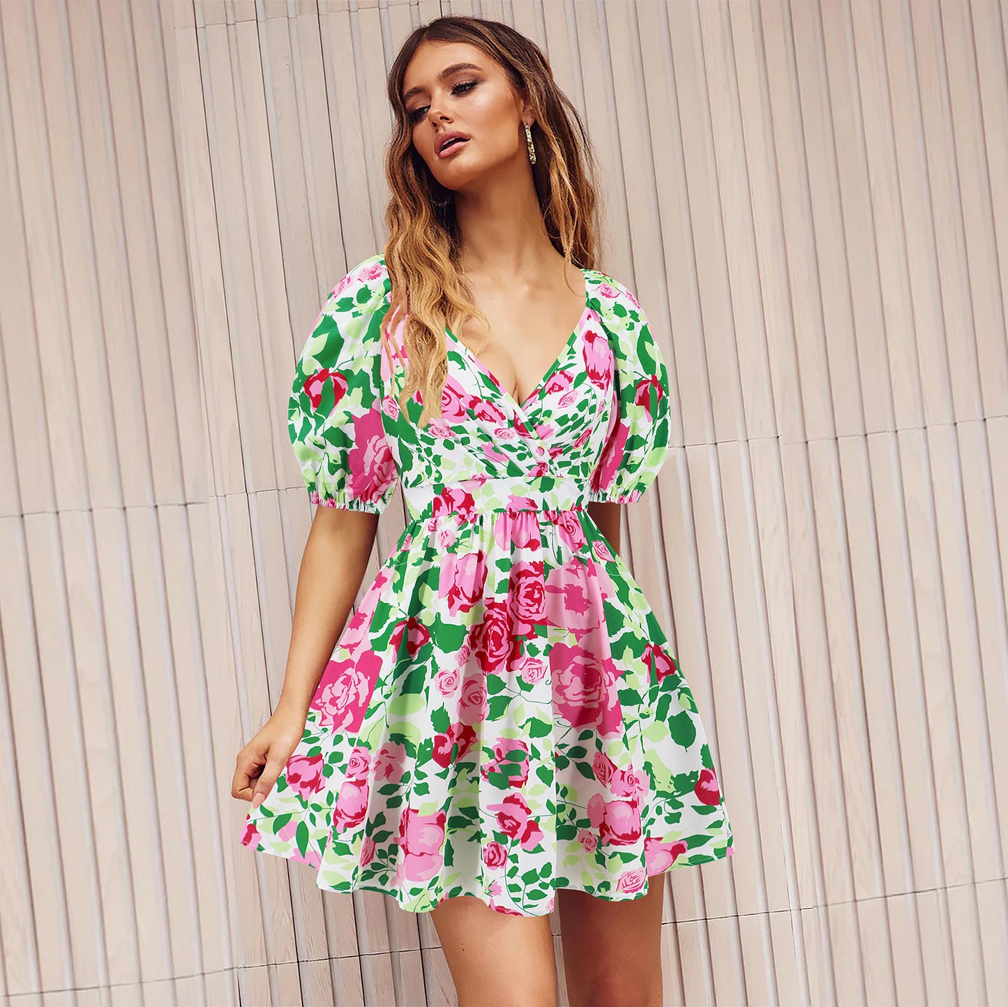V-Neck Lantern-sleeve Dress