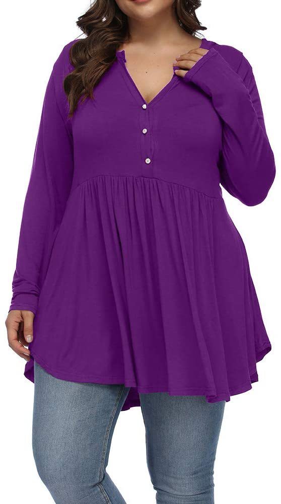 FASION V-neck Buttons Pleated Long Sleeve Plus Size T-shirt - Swefashionstore