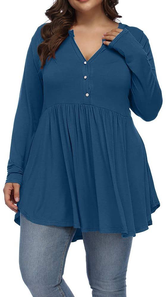 FASION V-neck Buttons Pleated Long Sleeve Plus Size T-shirt - Swefashionstore