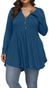 FASION V-neck Buttons Pleated Long Sleeve Plus Size T-shirt - Swefashionstore