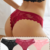3 Pcs Breathable Sexy Lacy Trim Briefs, Semi-Sheer Thong Women&