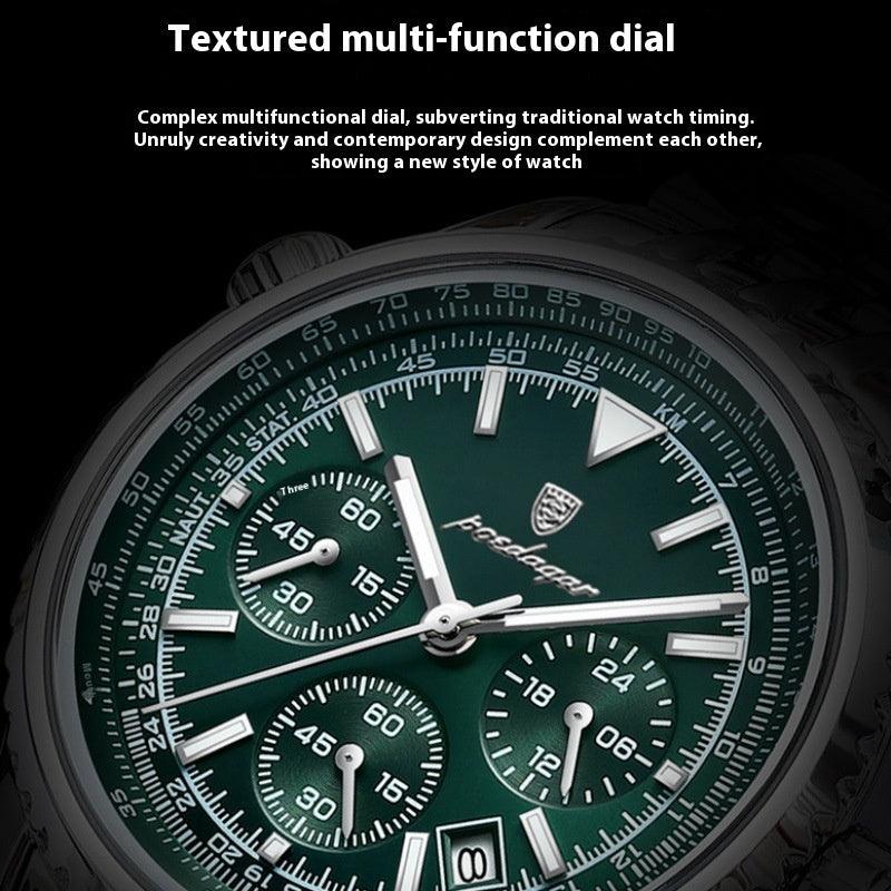 Men's watch with green textured multi-function dial and stainless steel case.