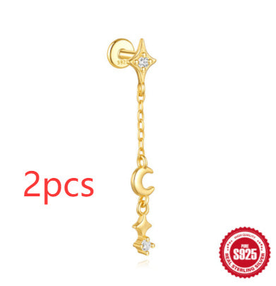 S925 Sterling Silver Moon Diamond Embedded Star Ear Rings - Swefashionstore